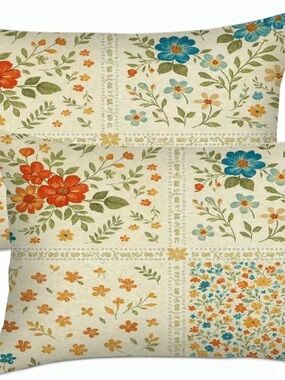 Floral Patchwork Decorative Pillow Cover - Cream, Orange & Blue